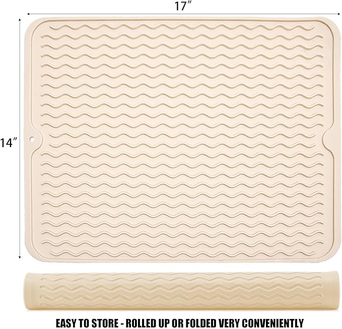 Silicone Dish Drying Mat, Non-Slip Easy Clean Sink Mat, Beige, 17" x 14" | Quick-Dry Ridges, Large Heat-resistant Dish Drainer Mat for Kitchen Counter, Hangable & Roll-Up for Storage, Dishwasher Safe