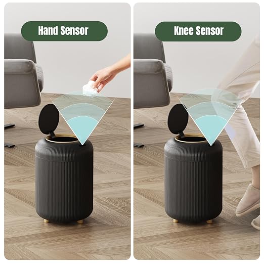 URALFA Motion Sensor Bathroom Trah Can, Automatic Touchless Trash Can | 3 Gallon Bathroom Garbage Can with Lid, Smart Trash Bin for Bedroom, Office, Restroom, Removable Legs, Black and Gold