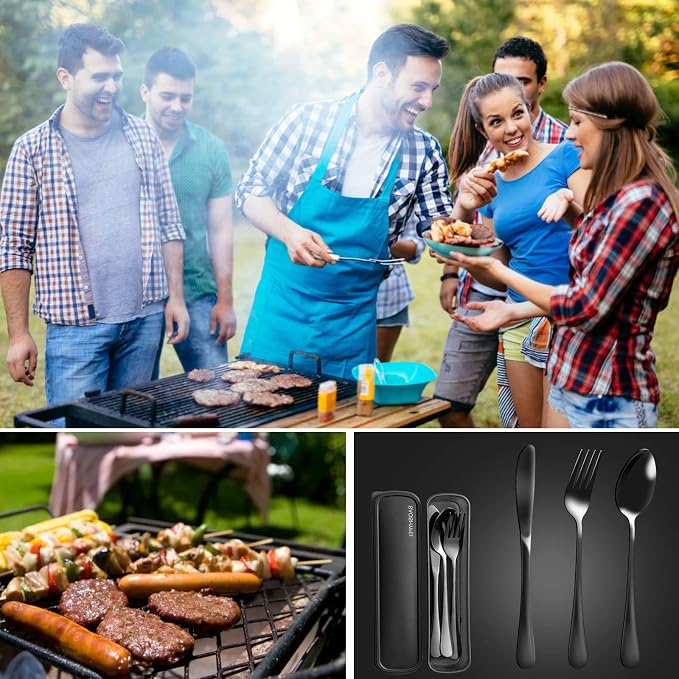 SAOSHYPEI Travel Utensils with Case, 4-Piece Stainless Steel Set, Black | Reusable fork, spoon and knife set for work lunch, lunch bags, camping and travel; portable case, dishwasher safe.