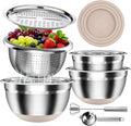 Stainless Steel Mixing Bowls Set with Lids & Silicone Base - 7-Piece Kitchen Gadgets Includes Colander, Grater, Egg Separator, Whisk - Nesting Bowls (1.5, 2, 2.5, 4.5 QT), Dishwasher Safe, Khaki