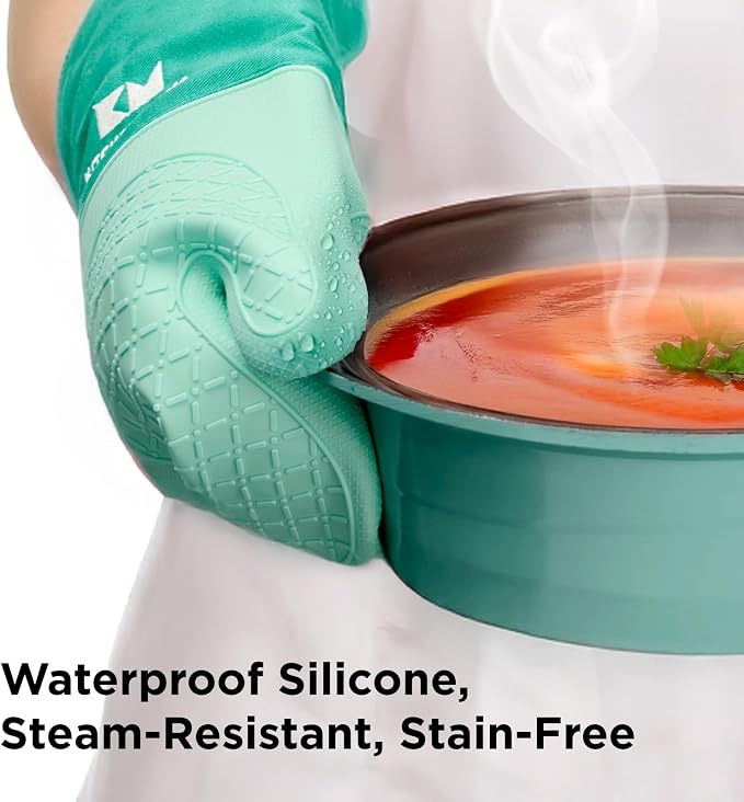 Kitchen Mama UltraShield Silicone Oven Mitts, Teal | Heat Resistant, Non-Slip Surface, Waterproof, Flexible, Durable