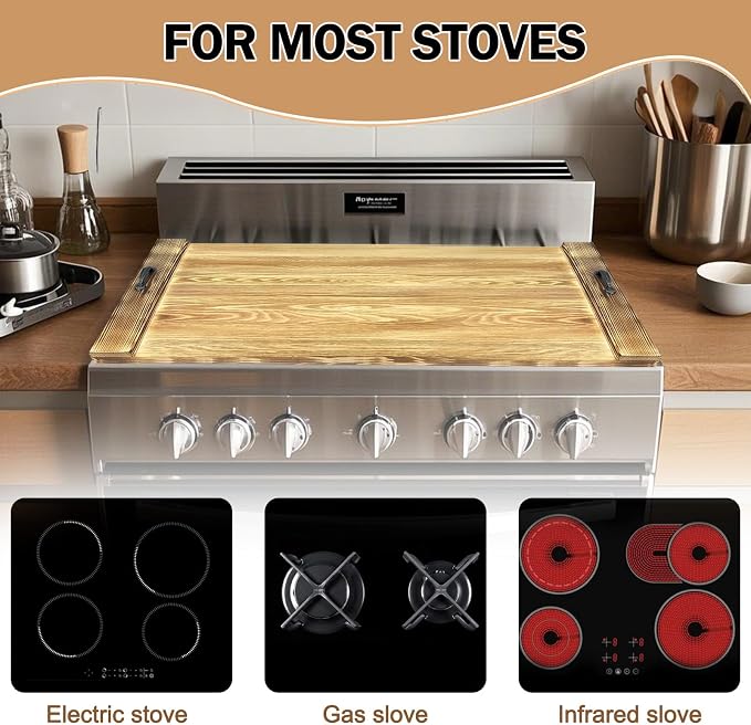 Noodle Board Stove Cover with Handles, Bamboo Wood Stove Top Covers for Electric Stove & Gas Burners, 30" x 22" Stovetop Cover, Rustic Kitchen Decor, for Countertop/Sink Cover/RV (Brown)