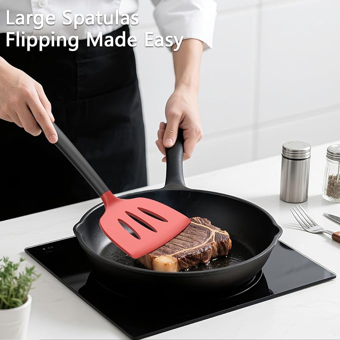 Coukre 3 Pack Silicone Spatula Set, Heat Resistant to 500°F, BPA-Free | Fish Spatula, Solid & Slotted Turners, Dishwasher Safe, Spatula Set for Eggs, Pancakes, Fish & Burgers, RedBlack