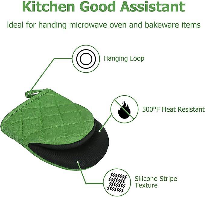 Goldmeet Mini Oven Mitts 2-Pack, 7"x5.5", 500°F Silicone Grip, Dark Green | Non-Slip, Heat Resistant, Machine Washable, Hanging Loop, Fits Small Hands, for Baking Grilling BBQ Cooking