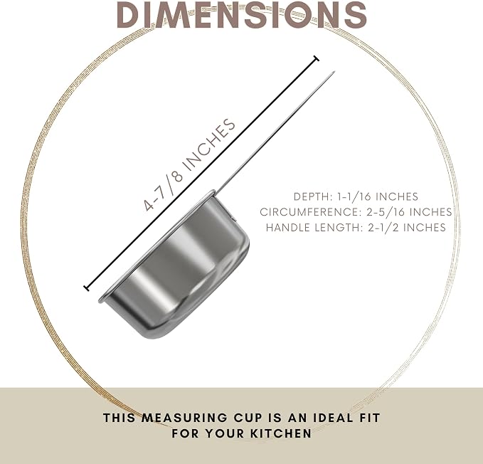 1/4 Cup Stainless Steel Measuring Cup | Sturdy Metal 60 ml | 60 cc | 2 oz | Single Cup for Wet and Dry Ingredients | Great for use as 1/4 Cup Dog Food Scoop - 4 PK