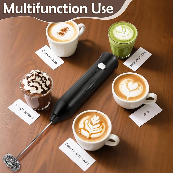 Milk Frother Handheld Rechargeable, Frother Wand Drink Mixer Electric Whisk for Coffee, Detachable With 2 Stainless Whisks, Hand Mixer for Lattes, Matcha, Egg, Kitchen Gifts(Black)