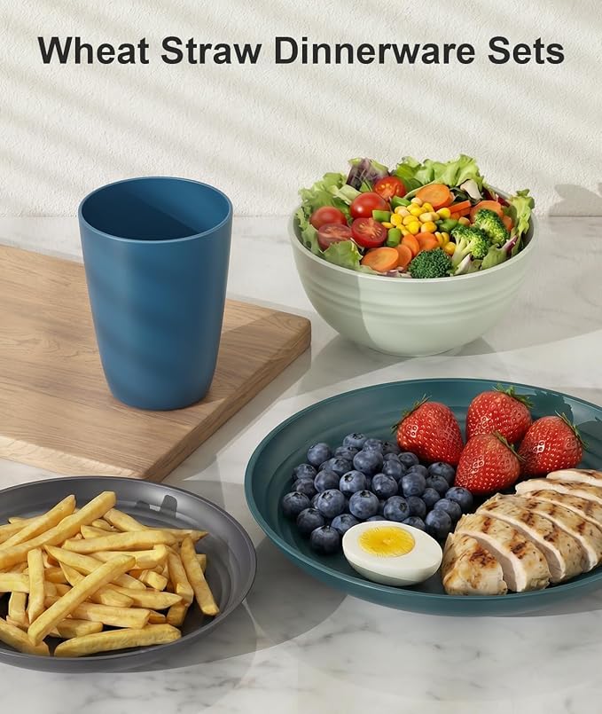 Quatish 24 Pcs Unbreakable Plates and Bowls, Plastic Dinnerware Sets for 6, Reusable Dish Set for Camping, Dishwasher Microwave Safe, Outdoor Kitchen and Apartment Dinning RV Essentials, Green