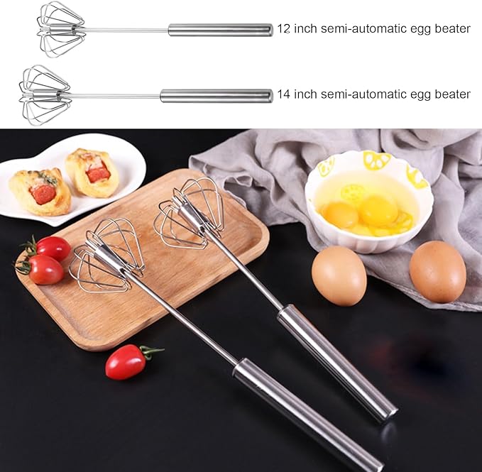 Semi-automatic Whisk, Stainless Steel Egg Beater, Versatile Milk Frother, Hand Push Rotary Whisks Mixer Stirrer for Blending, Whisking, Beating & Stirring (Silver 12+14in)
