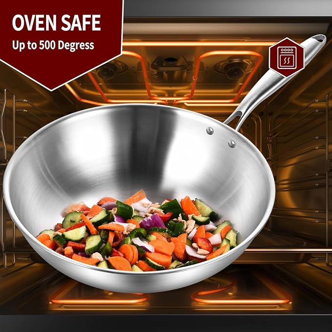 LOLYKITCH 11-Inch Tri-Ply Stainless Steel Wok Pan with Lid | Riveted Handle | Stir-Frying Pan | Induction Wok | Dishwasher and Oven Safe | Heavy-Duty | Flat-Bottom