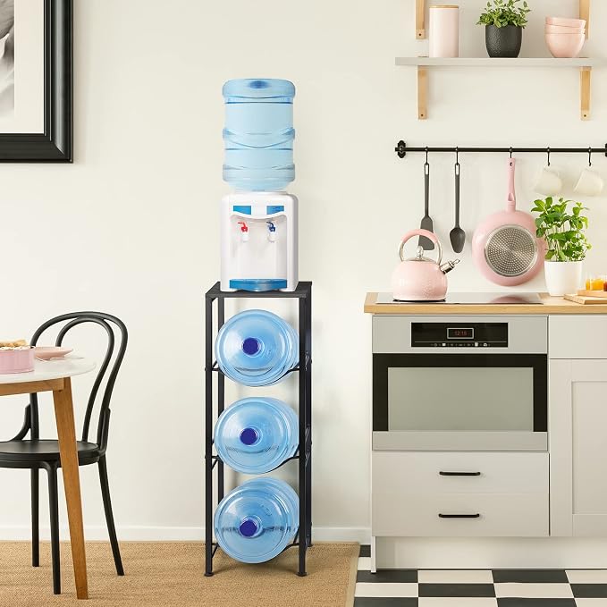 OYEAL Water Bottle Holder Organizer 5 Gallon Water Jug Stand with Shelves, 3-Tier Water Bottle Dispenser Stand for Kitchen Living Room Office, Black