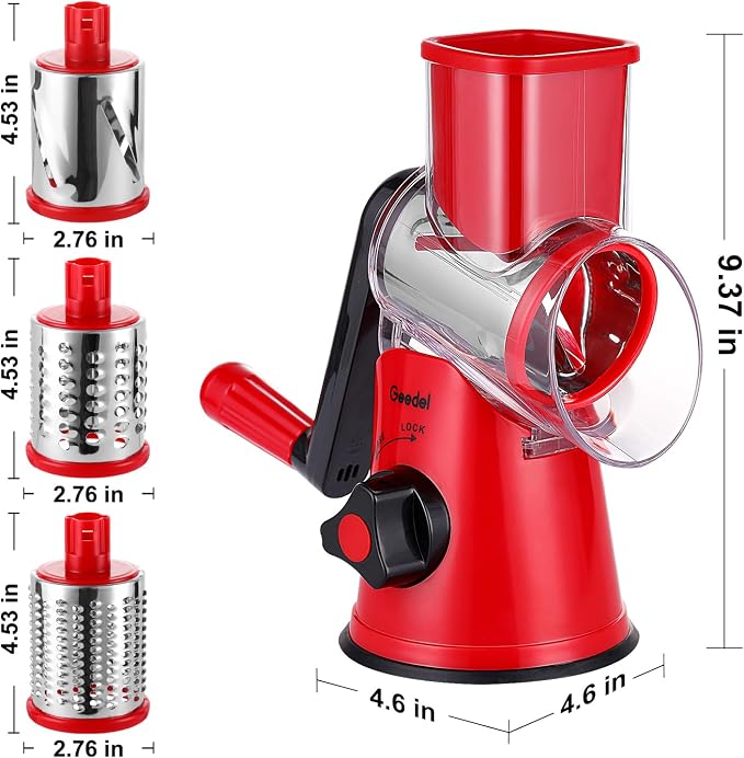 Geedel Rotary Cheese Grater Hand Crank, Cheese Shredder Vegetable Slicer | 3 Blades, 430 Stainless Steel, 12x Fast Cutting, Strong Suction Base, No BPA, Dishwasher Safe, for Cheese, Veggie, Nut