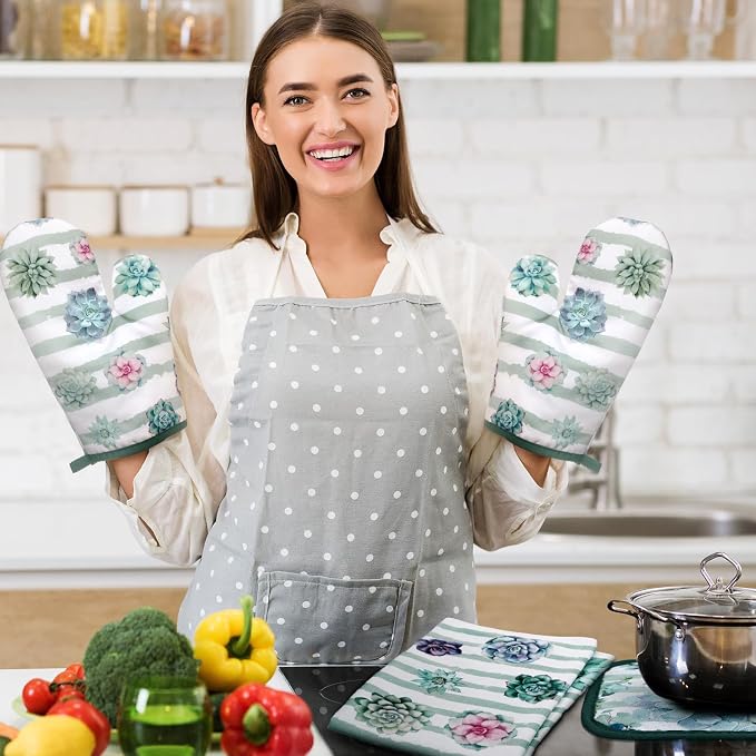 Bencailor 6 Pcs Succulent Kitchen Towels Pot Holders and Oven Mitts Set Soft Cotton Linen Dish Towel Heat Resistant Oven Mitts for Summer Kitchen Decor Cooking Baking Grilling