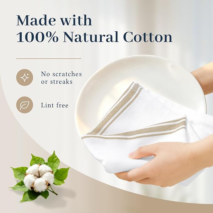 Homaxy 100% Ring Spun Cotton Kitchen Towels 8 Pack, Khaki Stripe | 15 x 25 Inch, Highly Absorbent Dish Towels for Kitchen Drying, Reusable Cleaning Cloths, Soft Tea Towels with Hanging Loop