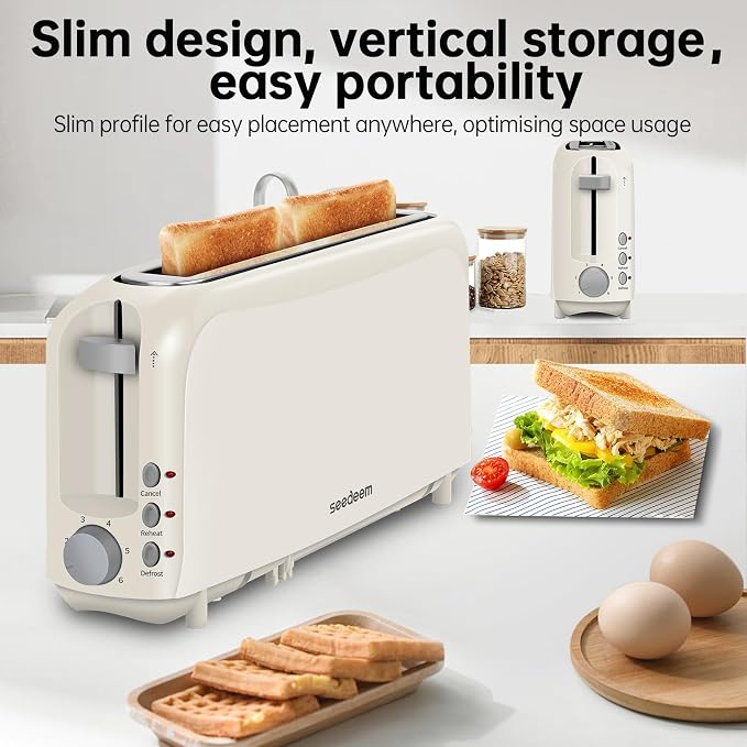 SEEDEEM 2 Slice Slim Toaster, Single 10" Long Slot Toaster Fits Bagels & Artisan Bread, 6 Shade Settings, Cancel/Reheat/Defrost, Removable Crumb Tray, Auto Shut-Off, Ivory