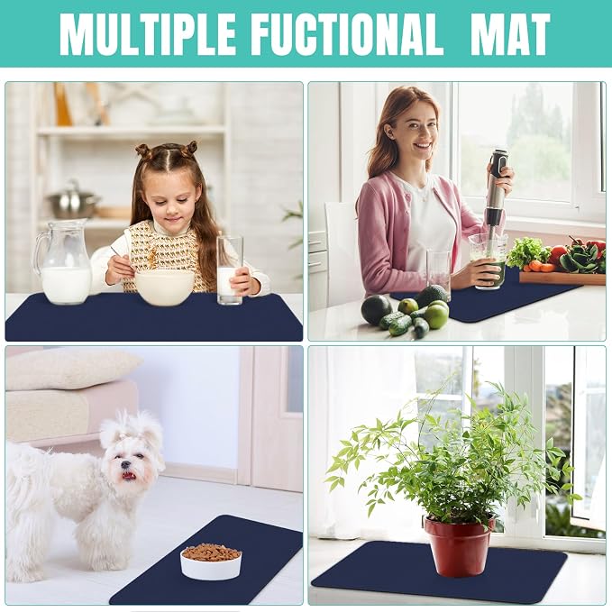 Coffee Mat Super Absorbent Dish Drying Mat Coffee Bar Mat 16"x 24", Blue | Match with Coffee Machine Accessories Large Drying Mats for Kitchen Counter