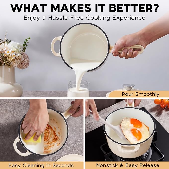 Onader Enameled Cast Iron Sauce Pan, 1QT Small Saucepan with Lid, Cast Iron Sauce Pot, Enamel Dutch Oven, Nonstick & Heavy Duty – Cream White