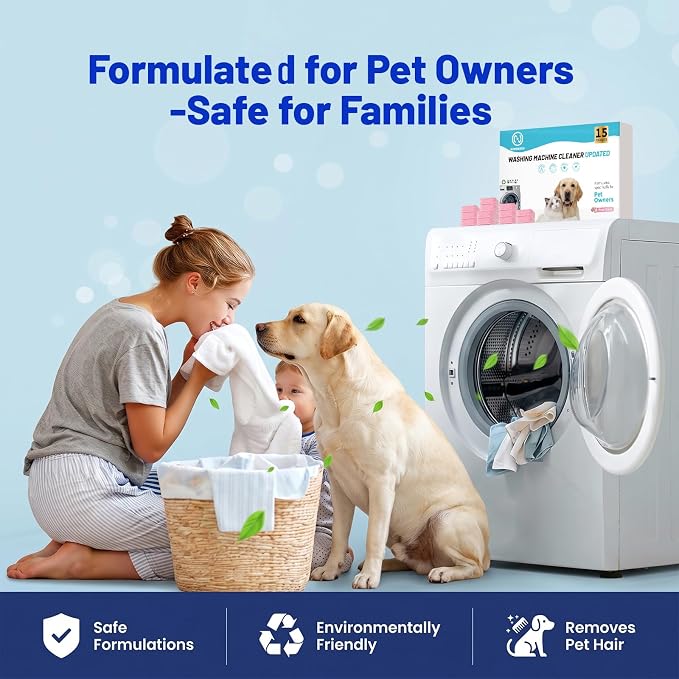 Washing Machine Cleaner,Formulated for Pet Owners,Pink 15 Pack | 1+Year Supply,Compatible with HE, Top & Front Load Washer,Septic Safe,Fresh Scent,Removes Residue,Remove Stubborn Pet Hair