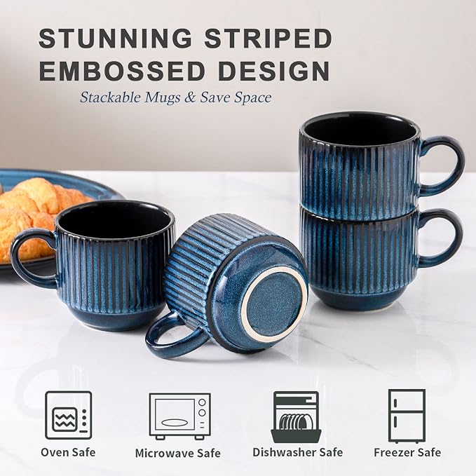 HASENSE 15 Oz Ribbed Stackable Coffee Mug Set of 4, Ceramic Latte Cups with Metal Stand, Dishwasher & Microwave Safe, Navy Blue for Cappuccino Tea Hot Cocoa