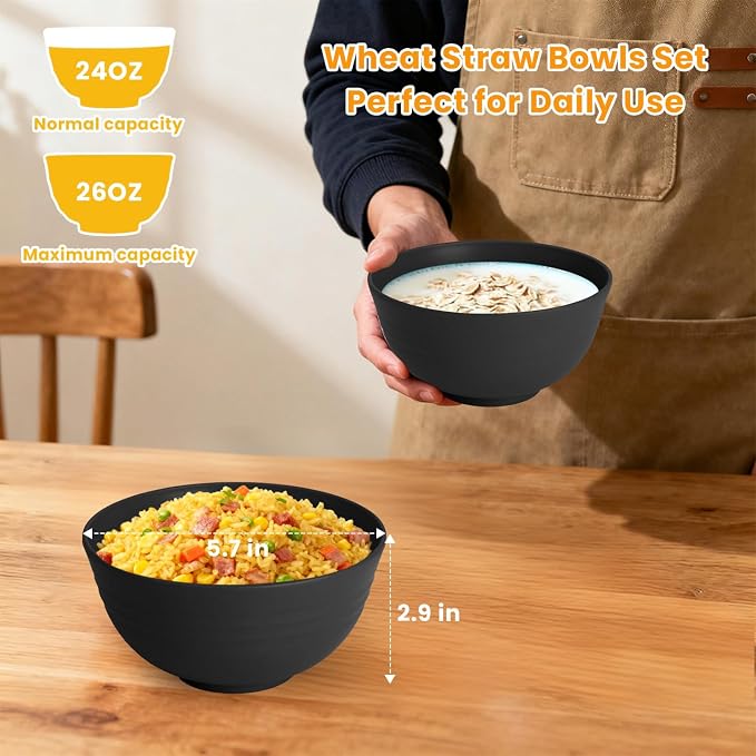 Cereal Bowl Set, Wheat Straw Bowls for Kitchen, Unbreakable Lightweight Bowl Set of 8, Microwave and Dishwasher Safe Bowls, Reusable Bowl for Serving, Cereal, Snack,Fruit(Black, 26 OZ)
