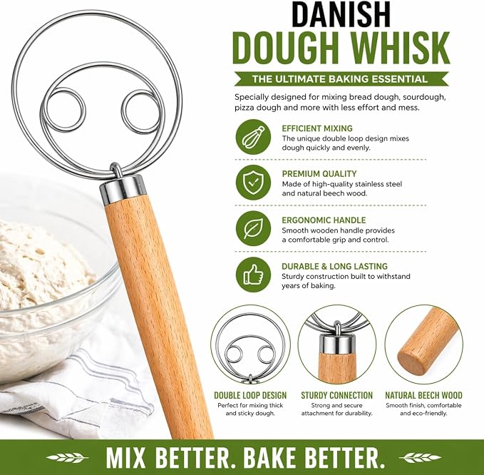 BOORIKA Sourdough Bread Baking Tool Set with Danish Dough Whisk, Bread Lame & Blades, Bench Scraper, Dough Scrapers and Silicone Brush – Sourdough Starter Kit