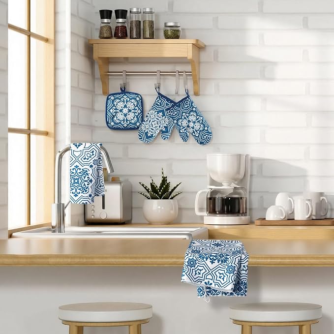 Jingmore 6 Pcs Kitchen Decor Set Accessory Farmhouse Kitchen Towels Pot Holders Oven Mitts Set 2 Dish Towels 2 Pot Holders 2 Cooking Mittens Oven Glove for Cooking (Blue,White,Chinoiserie Printed)