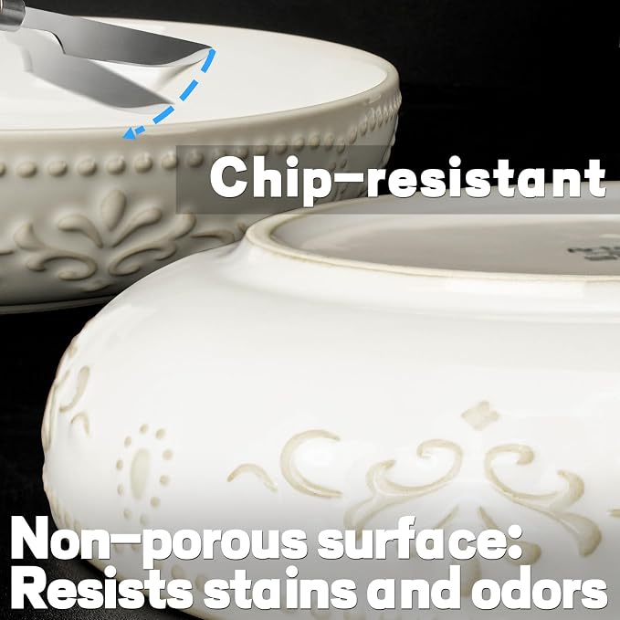 Pasta Bowls, 50oz Large Salad Serving Bowls, 9.75'' Plates Bowls Set of 4, Big White Ceramic Soup Bowls for Kitchen, Embossment Shallow Dinner Bowl, Microwave Dishwasher Safe, Multiple Patterns