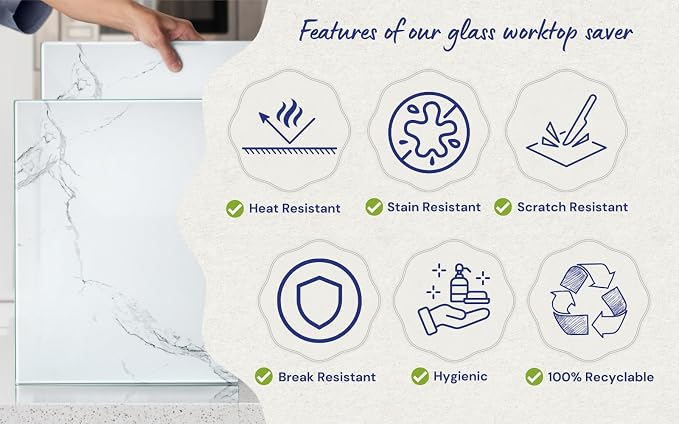 Glass Cutting Board 16"x12": Tempered Glass Kitchen Counter Protector - Durable- Scratch-Resistant, Heat-Proof - Design 2 - White Marble Effect