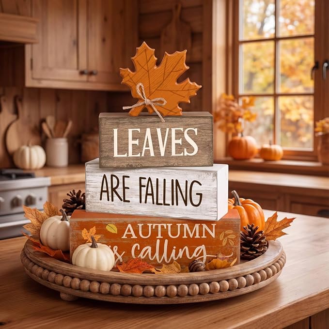 Lineshading 4 Pcs Autumn Block Signs, Farmhouse Tiered Tray Decor | Stacked Signs with Maple Leaf, Fall Tabletop Centerpiece, Mantle Shelf Display, Back to School Autumn Decoration