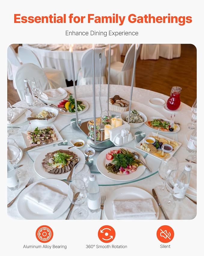 VEVOR 24 in Glass Lazy Susan Turntable, Tempered Glass Dining Table Centerpiece with 6 Rotating Wheels, 360° Smooth and Silent Spin Tabletop Rotating Tray, for Family Gatherings, Banquets & Weddings