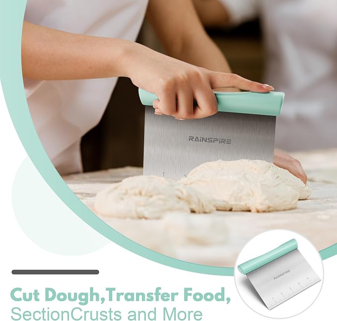 Upgraded 304 Stainless Steel Multi-Purpose Bench Scraper with Measurement Marks, Dishwasher Safe, Dough Cutter for Pizza, Bread and Cookie Dough Vegetable Chopper, Baking Supplies, Mint Green