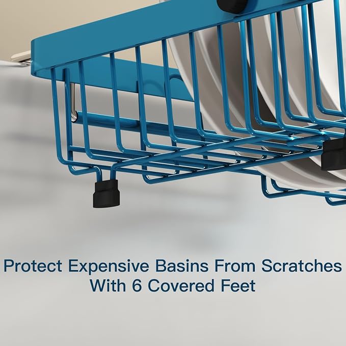 Blue Dish Drying Rack Over The Sink with Utensil Holder | Expandable Stainless Steel Dish Drainer for Small Kitchen, Apartment, RV, Counter Space Saving, Perfect Fit, Rustproof
