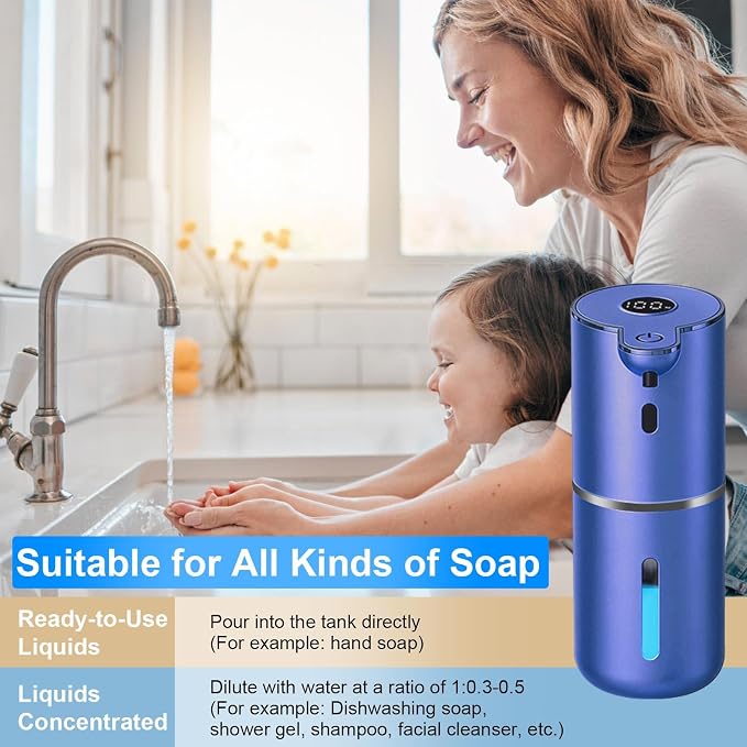 OHIFAST Automatic Liquid Soap Dispenser Touchless, USB Rechargeable Smart Hand Soap Dispenser, 6-Level Adjustable, 12.8oz/380mL Wall Mounted for Bathroom Kitchen Accessories Dish Soap-Blue