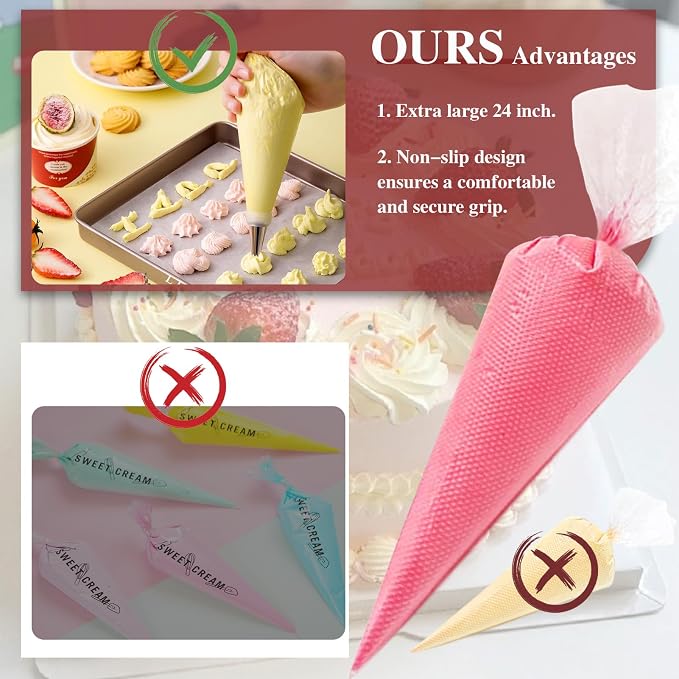 24 Inch Disposable Piping Bags, 100 PCS Large Icing Bags | Large Tipless Pastry Bags with Thickened, Non-slip, Anti-burst Design for Royal Icing, Cake Decorating and Baking.