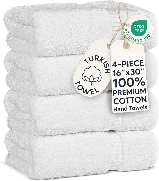 Chakir Turkish Linens 100% Cotton Premium Turkish Towels for Bathroom | 16'' x 30'' (4-Piece Hand Towel, White) | 100% cotton hand towels, 4-pack 16x30, OEKO-TEX certified, soft absorbent for the bathroom