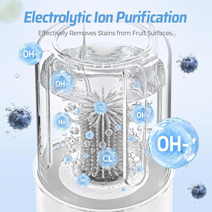 Electric Fruit Washer, Portable Fruit Cleaner Device with OH-Ion Technology | Produce Cleaner with 360° Rotating Silicone Brush & 3-Minute Cycle for Cherries, Grapes, Jujubes, Kumquats & Small Firm Fruit