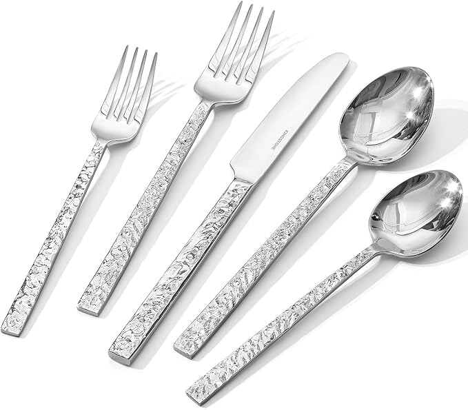 40 Pcs Hammered Silverware Set for 8, 18/10 Stainless Steel Heavy Duty Flatware Set, Tableware Cutlery Utensil Sets for Home Restaurant Dishwasher Safe