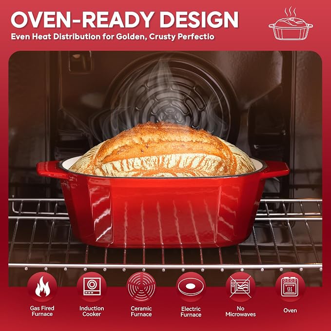 Enameled Cast Iron Sourdough Bread Oven – 3.3QT Dutch Oven for Baking with Lid, Non-Stick Oval Cast Iron Bread Oven for Sourdough-Loaf Cast Iron Bread Pan(Red)