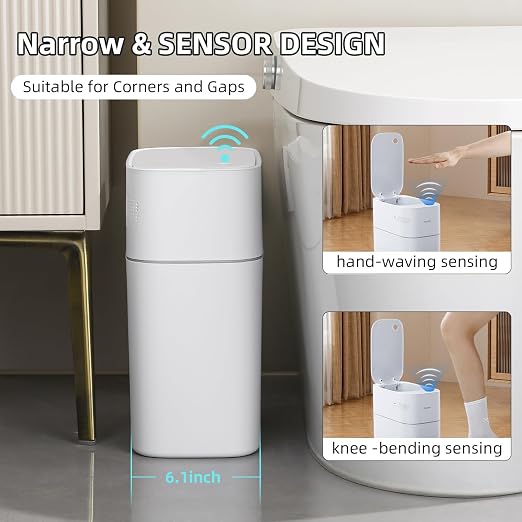 JUDRDO 3.5 Gal Slim Touchless Bathroom Trash Can, Automatic Diaper Pail | Motion sensor opening, automatic liner suction, slim profile for bathrooms, bedrooms, offices, kitchens and nurseries