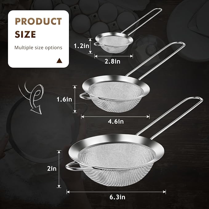 NileHome 3 Piece Mesh Strainers, Stainless Steel Strainer for Sifting, Straining, Cooking Kitchen Strainers Fine Mesh for Flour, Pasta, Loose Tea, Fruit, and Rice, Silver(2.8"+4.6"+6.3")