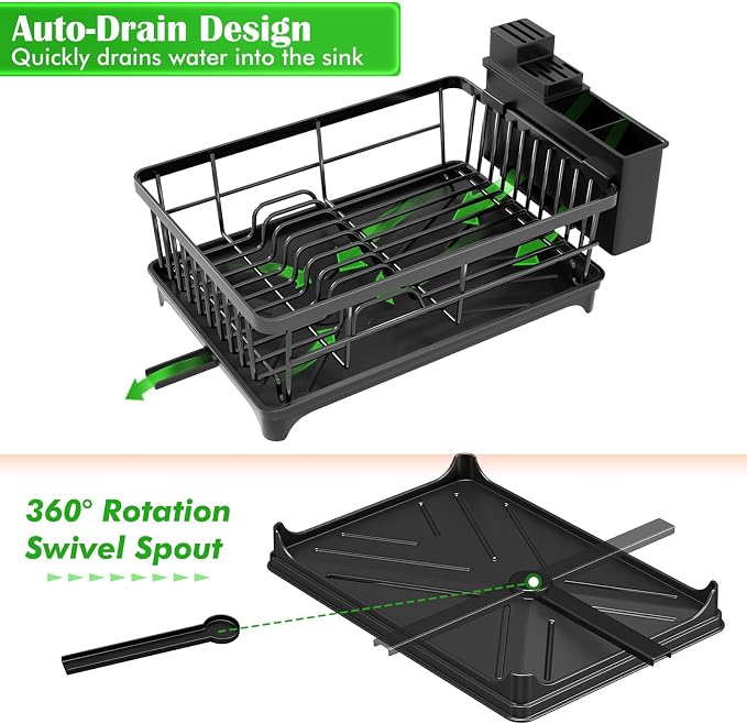 Kmiectse Dish Drying Rack for Small Kitchen Counter with Utensil Holder | Space Saving, Rust Resistant, Quick Drainage Dish Rack, Compact Dish Drainer Organizer for Home Kitchen, Black