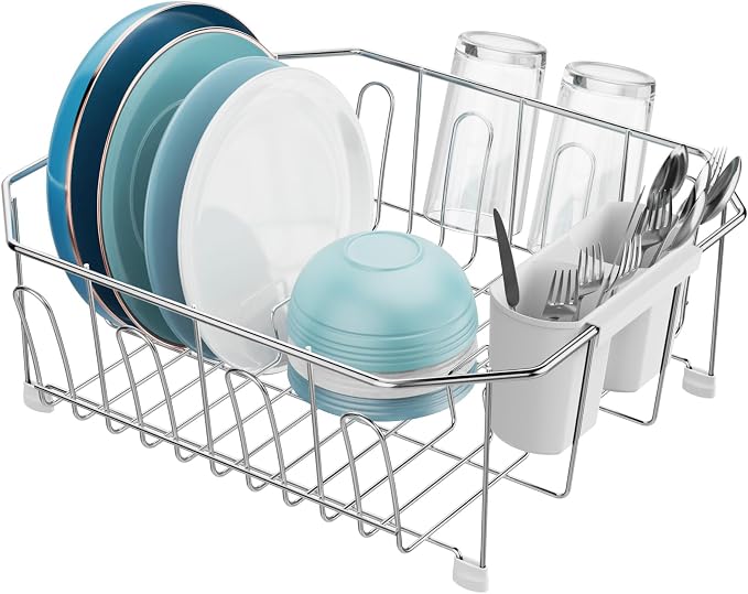 Small in Sink Dish Drying Rack - Stainless Steel for RV Kitchen | Compact Design, Rust-Resistant, Angled Corners Fit Square & Round Sinks, Removable Utensil Holder, Cup Hooks, 13.1"W x 14.4"L