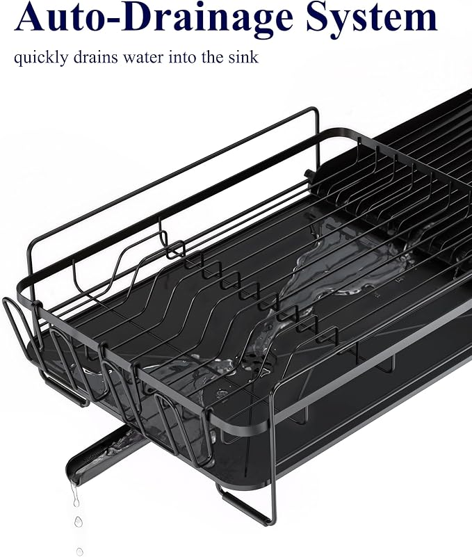 Kitsure Extendable Dish Drying Rack, 19.2"-26.7" L x 12.9" W, Black | Large Dish Rack, Multifunctional Dish Rack for Kitchen Counter, Anti-Rust Dish Drainers with Cutlery & Cup Holders