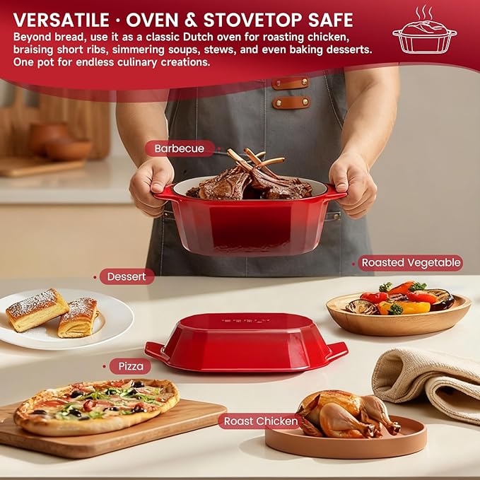 Enameled Cast Iron Sourdough Bread Oven – 3.3QT Dutch Oven for Baking with Lid, Non-Stick Oval Cast Iron Bread Oven for Sourdough-Loaf Cast Iron Bread Pan(Red)