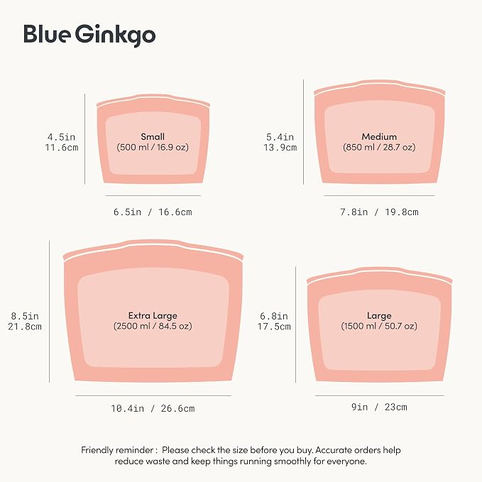 Blue Ginkgo Silicone Food Storage Bags, 4-Pack, Reusable, Made in Korea | Leakproof. Stand Up. Freezer and Dishwasher Safe. (Peach)