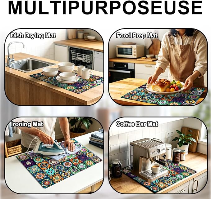 Bohemian Stove Top Cover 28x20 Inch Colorful Pattern Glass Cooktop Cover | Heat Resistant Cooktop Protector Mat with Non-Slip Backing, Scratch Protection and Countertop Drying Mat.