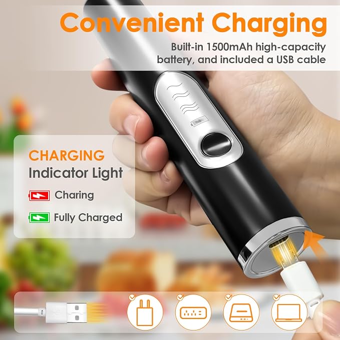 Milk Frother Handheld, Rechargeable Coffee Frother Wand, Drink Mixer, Black | Electric Foam Maker with 2 Stainless Whisks 3 Speeds, Hand Mixer for Lattes, Cappuccino, Matcha, Egg