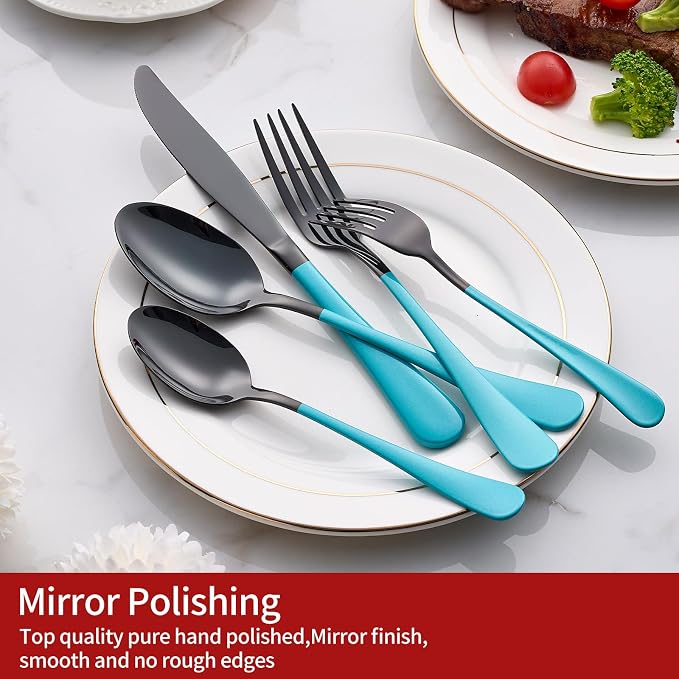 20-Piece Lake Blue Silverware Set 18/0 Stainless Steel Black Silverware Set Lake Blue Handle Cutlery Black Set Service for 4 Dinner Knives Forks Spoons Flatware Set Dishwasher Safe