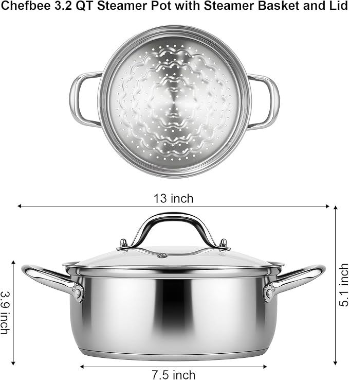 Chefbee 3.2QT Stainless Steel Steamer for Cooking with Food Steamer Basket | Healthy Steaming Pot, Multi-use Kitchen Cookware, For Vegetables Dumplings Soup and Food Preparation, Daily Kitchen Cooking