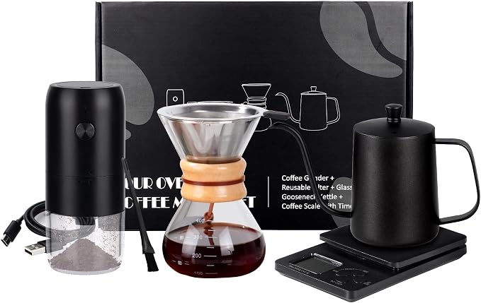 Pour Over Coffee Maker Set, Coffee Pour Over Dripper Kit with Kettle | All in One Coffee Set with Electric Coffee Grinder and Scale, Coffee Dripper Set with Carafe and Filter, Coffee Brewing Kit