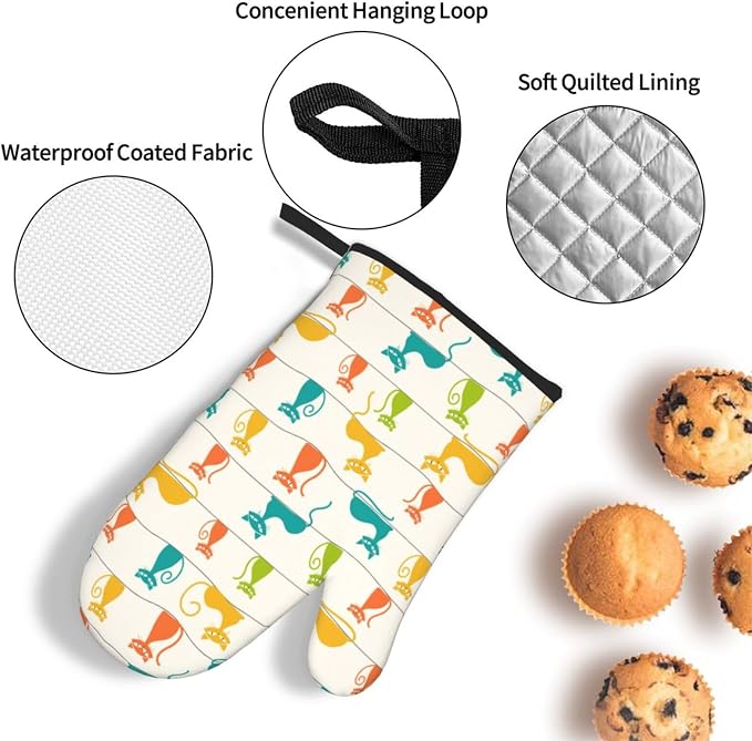 Mid Century Modern Cats Oven Mitts and Pot Holders Set Heat Resistant Cute Oven Gloves for BBQ Baking Grilling Cooks Kitchen Decor 3 Piece